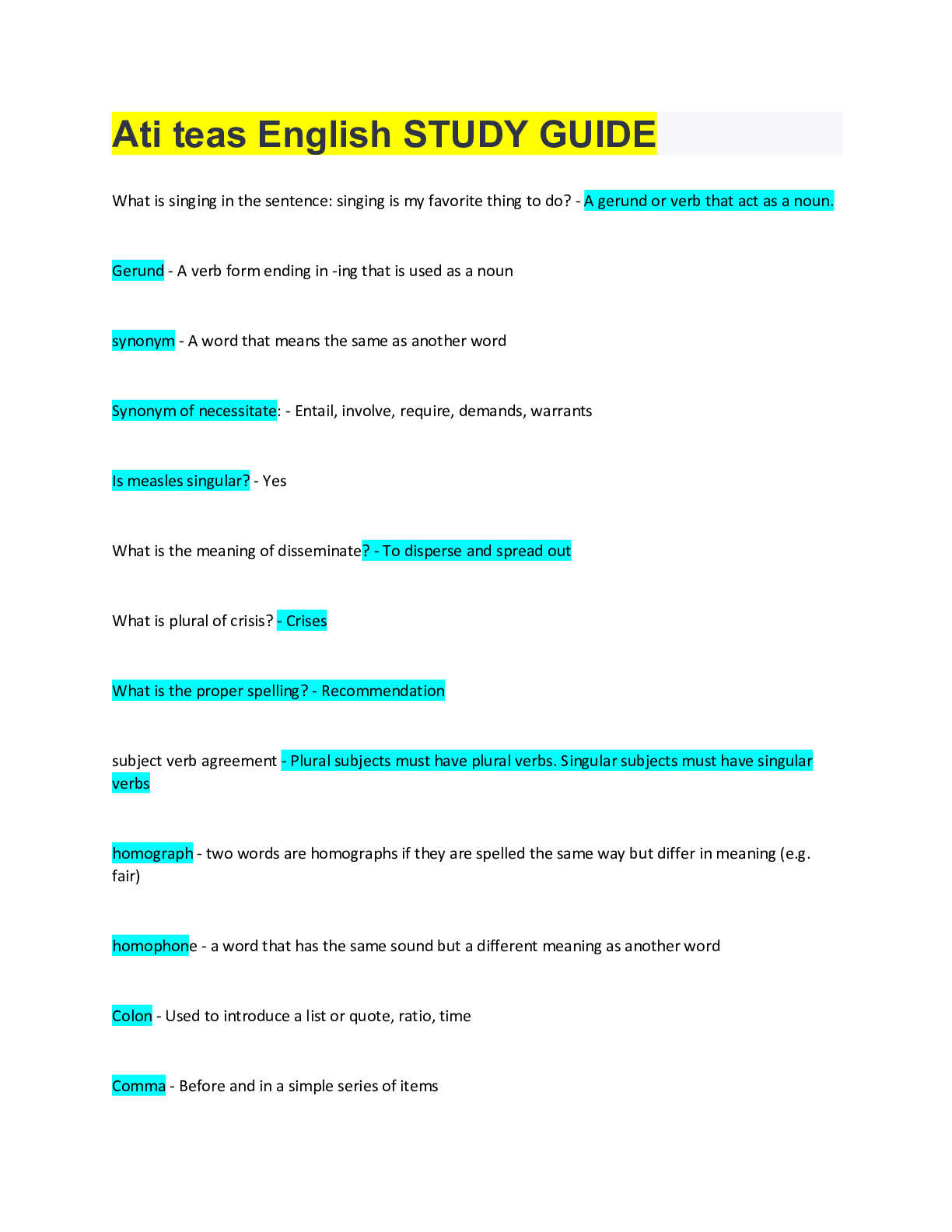 Preview of Ati teas English STUDY GUIDE. Comprehensive questions and answers. 100% proved pass rate